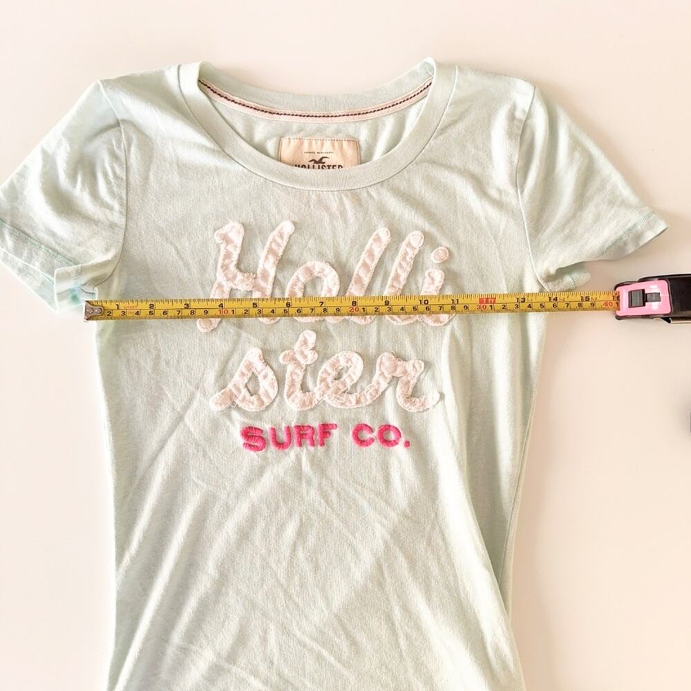 Vtg Y2K Hollister Surf Co Graphic Baby Tee Mint Blue Stitched Spellout Tee S - Picture 3 of 9